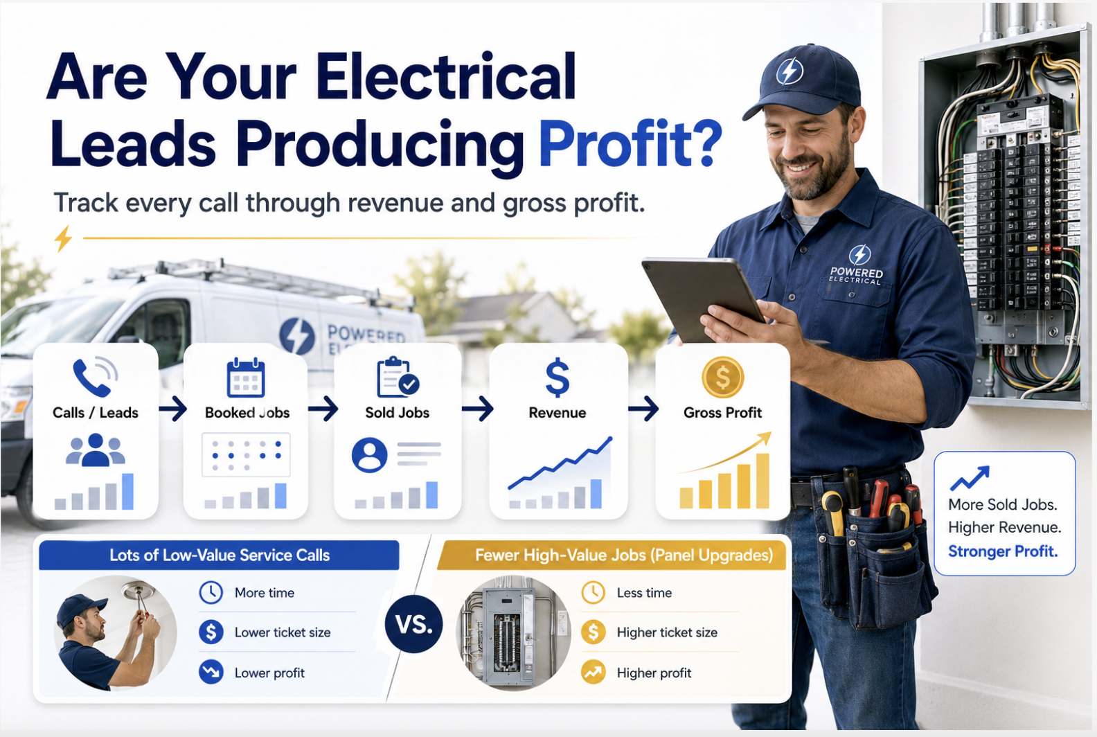 Electrical contractor marketing ROI comparison showing service calls and panel upgrades tracked through sold jobs, revenue, and gross profit.