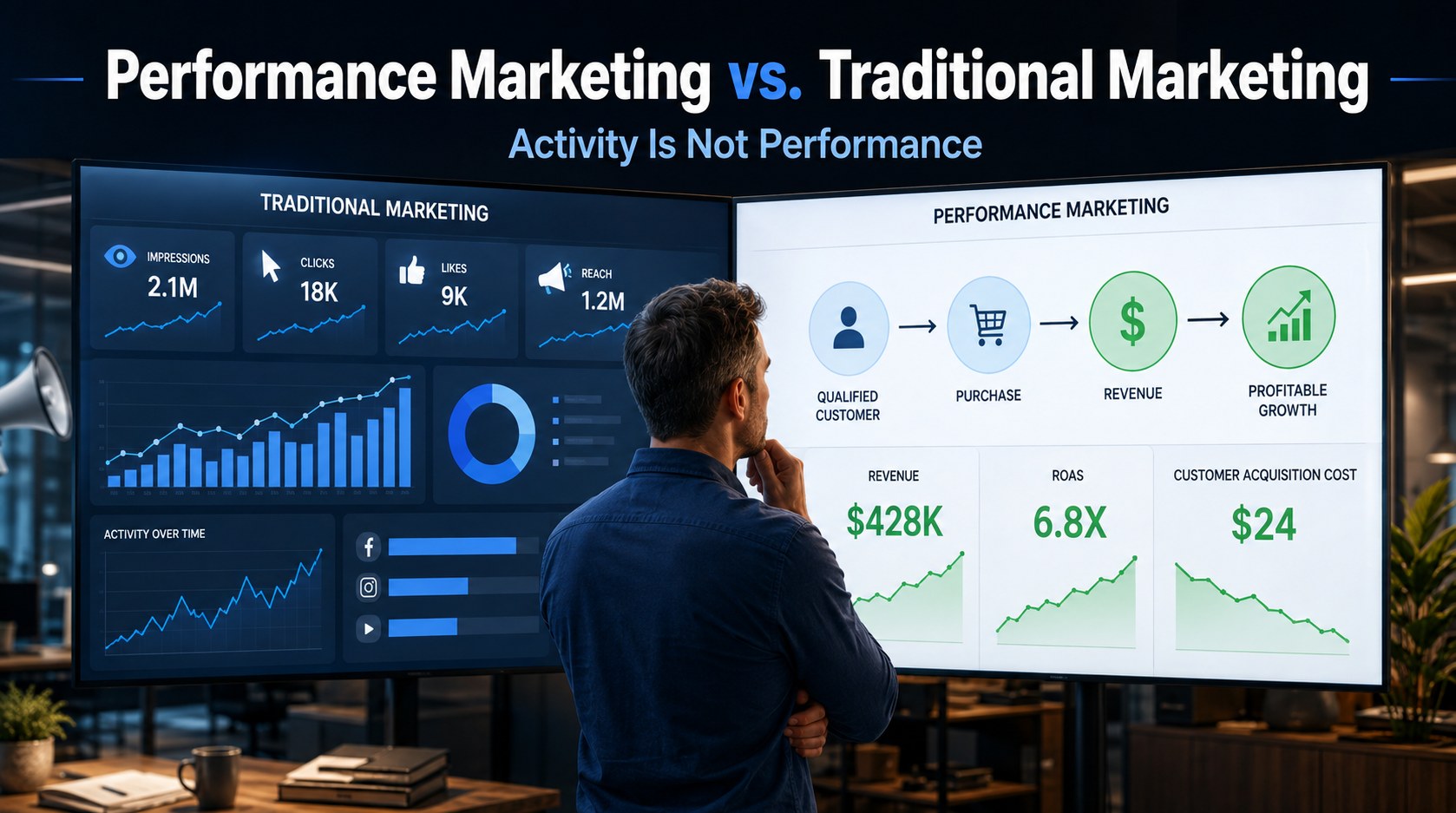 Business owner comparing traditional marketing activity metrics with performance marketing results tied to customers, revenue and acquisition cost.